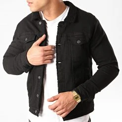 Remise 🛒 Veste Jean Col Mouton W-7001 Noir de Classic Series ✨