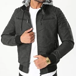 Promo 👏 Veste Zippée Capuche 9682-A Noir Gris Chiné de Classic Series 👍