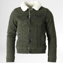 Promo 👍 Veste Jean Col Mouton Enfant K-3006 Vert Kaki de Classic Series 🥰