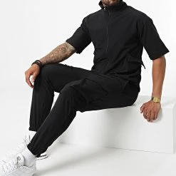 Budget 👏 Ensemble Tee ⭐ Shirt Zippé Jogger Pant F22-911T Noir de Classic Series ❤️