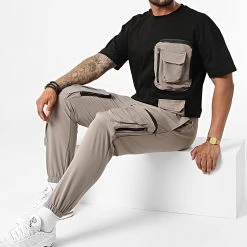 Nouveau ⭐ Ensemble Tee ❤️ Shirt Poche Et Pantalon Jogging F22-908T Noir Gris de Classic Series 🌟