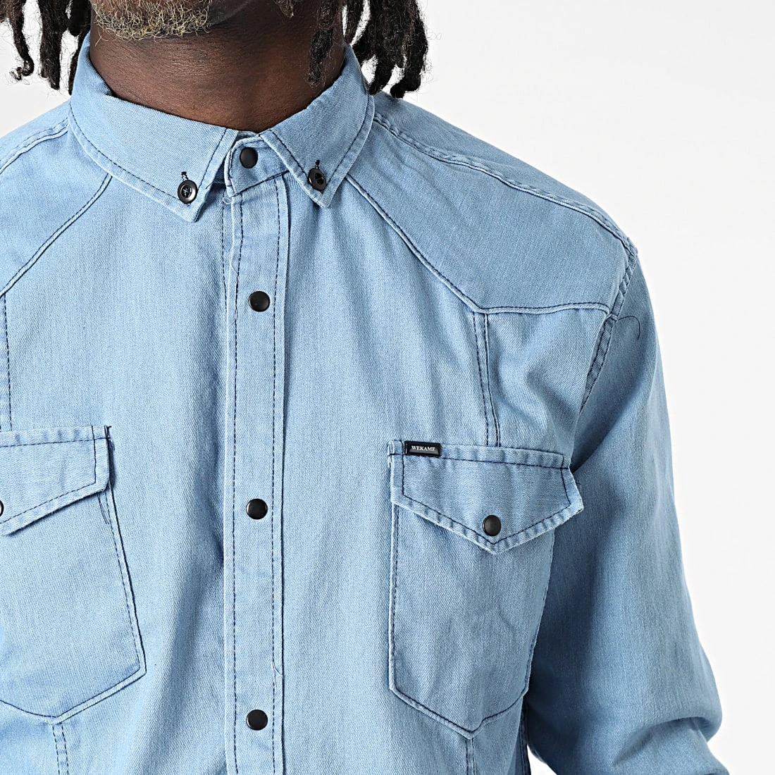 Meilleur prix ⭐ Chemise Jean Manches Longues Col Mao W-324 Bleu Denim Clair de Classic Series 👏 4 Meilleur prix ⭐ Chemise Jean Manches Longues Col Mao W-324 Bleu Denim Clair de Classic Series 👏 – Image 2