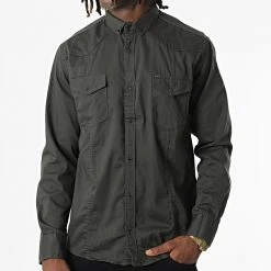 De gros 😀 Chemise Manches Longues Col Mao W-324 Vert Foncé de Classic Series ✨