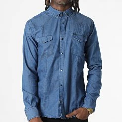 Acheter ❤️ Chemise Jean Manches Longues Col Mao W-324 Bleu Denim de Classic Series 🔔