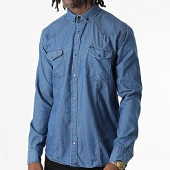 Acheter ❤️ Chemise Jean Manches Longues Col Mao W-324 Bleu Denim de Classic Series 🔔 -HautStyle Boutique classic series 326024 W 324 BLUE JEANS 20220701T150548 03