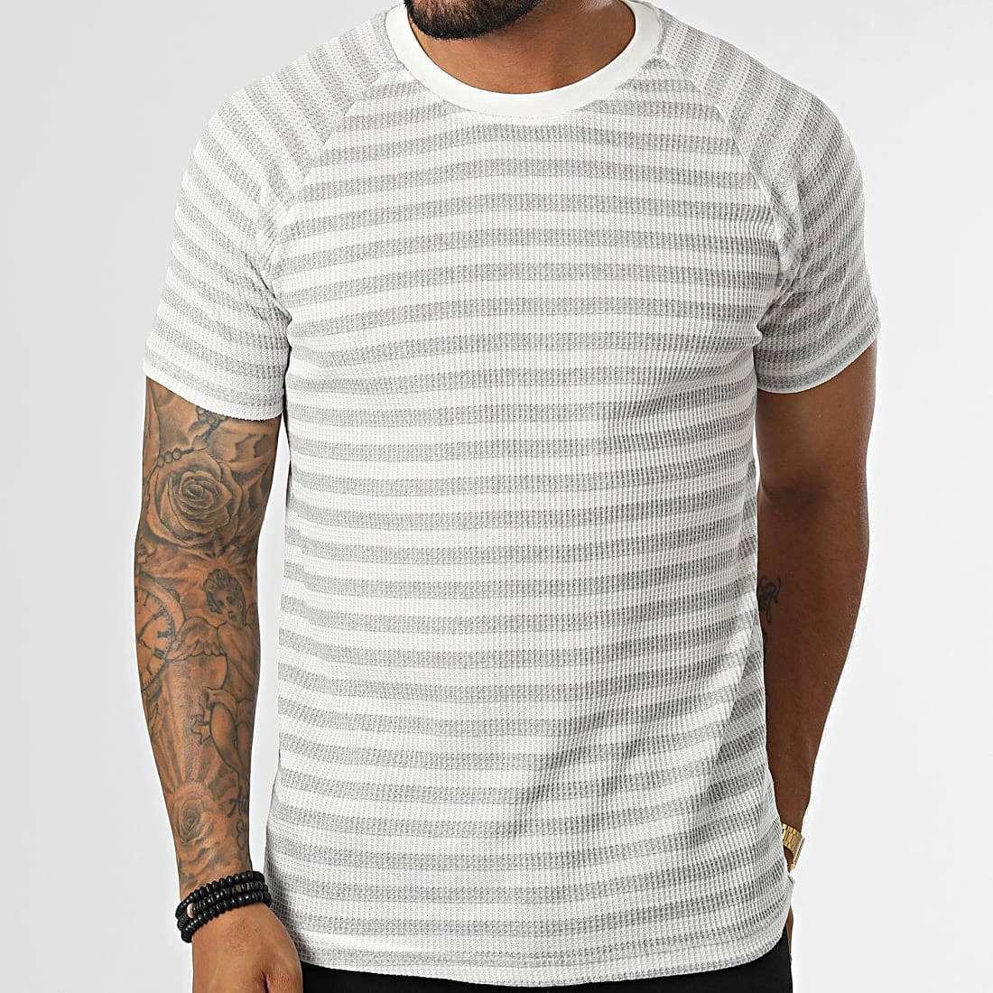 Grosses soldes ✨ Tee 🥰 Shirt A Rayures LM283 Gris Blanc de Classic Series 😀 5 Grosses soldes ✨ Tee 🥰 Shirt A Rayures LM283 Gris Blanc de Classic Series 😀 – Image 3