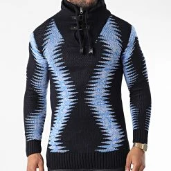 Meilleure affaire 🌟 Pull Col Montant 5018 Bleu Marine Bleu Clair Chiné de Classic Series ✔️